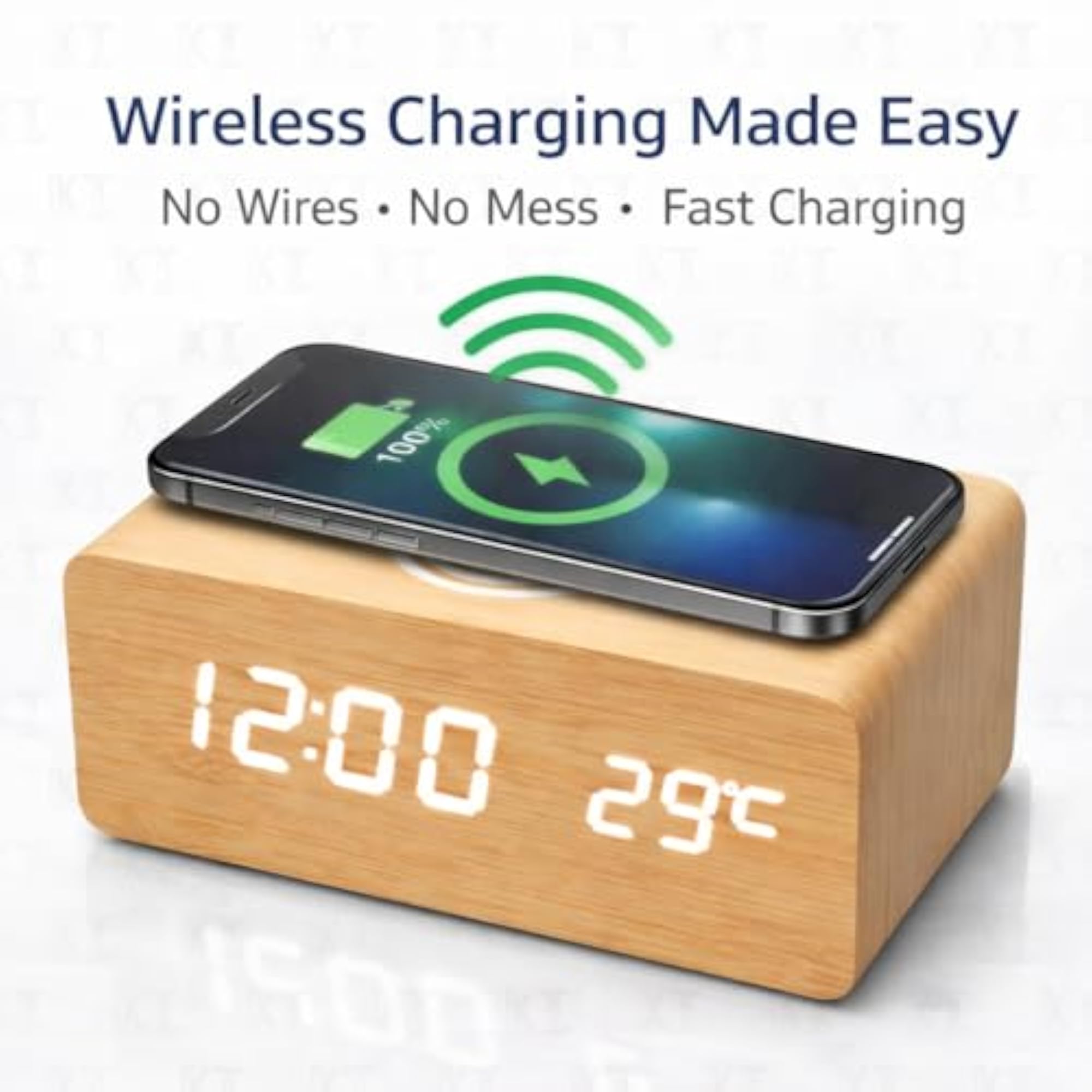 Premium Wooden LED Digital Alarm Clock with Wireless Charging